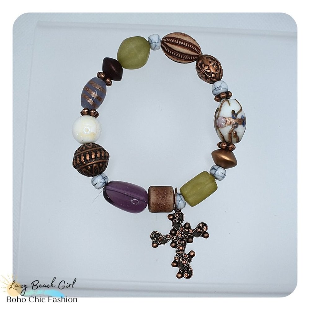 Vintage Look Beaded Cross Bracelet